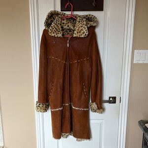Leopard Trim Brown Women's Coat